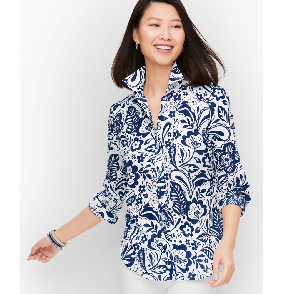 Talbots Blue White Floral Paisley Button Down Shirt Long Sleeve XS NWT